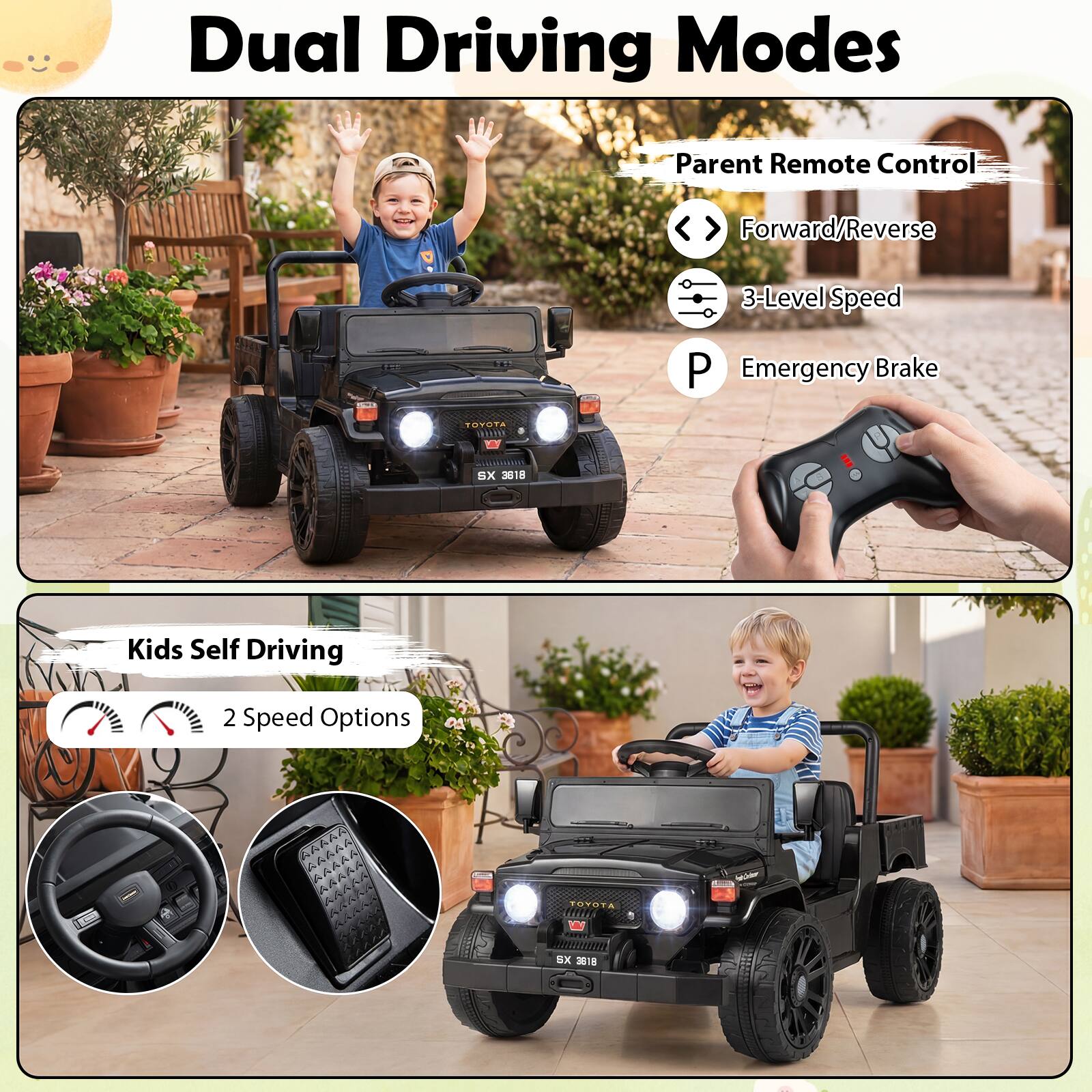 Dual Driving Modes

Parent Remote Control
- Forward/Reverse
- 3-Level Speed
- P Emergency Brake

Kids Self Driving
- 2 Speed Options