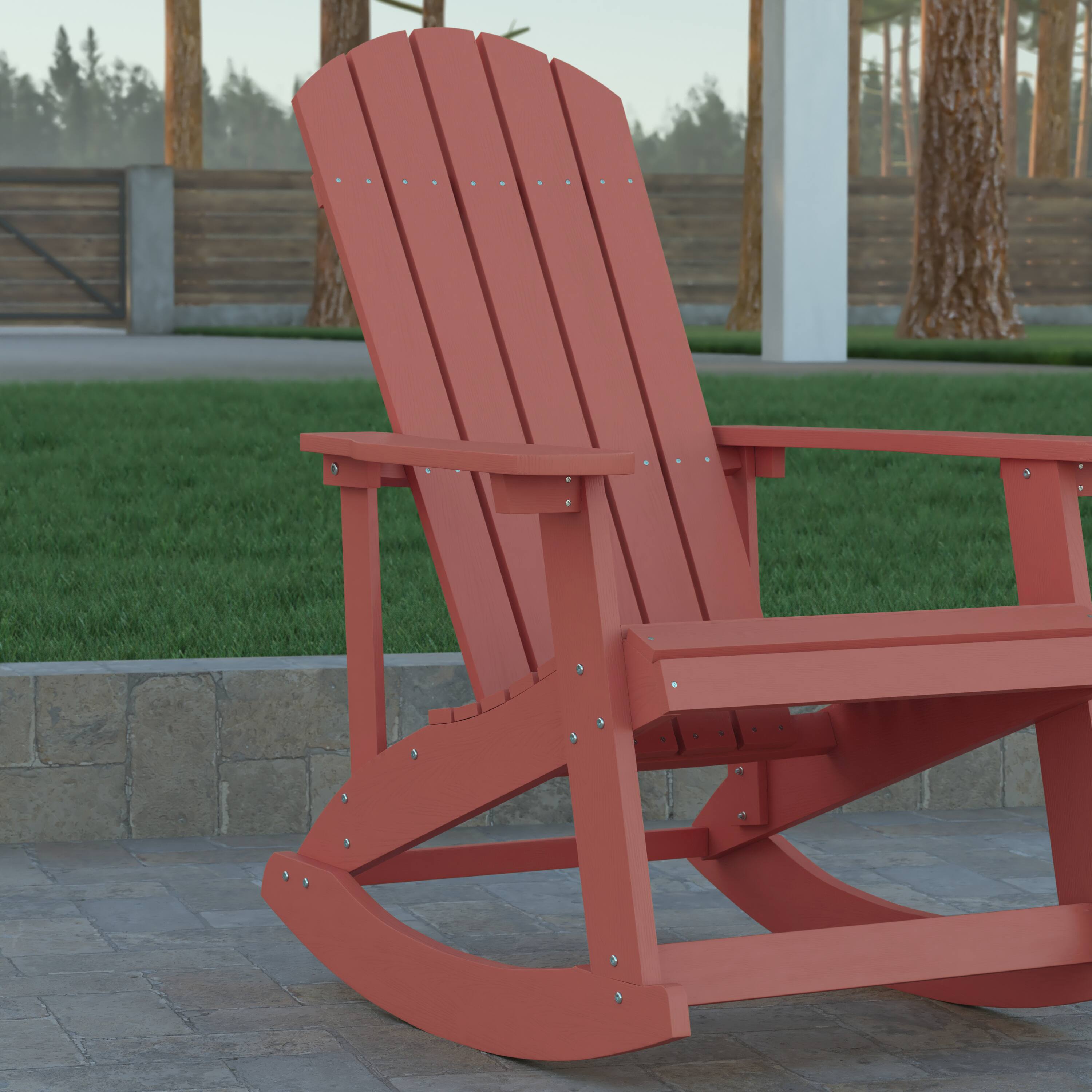 Alt View 4. Emma + Oliver - Classic All-Weather Poly Resin Rocking Adirondack Chair with Stainless Steel Hardware for Year Round Use - Red.