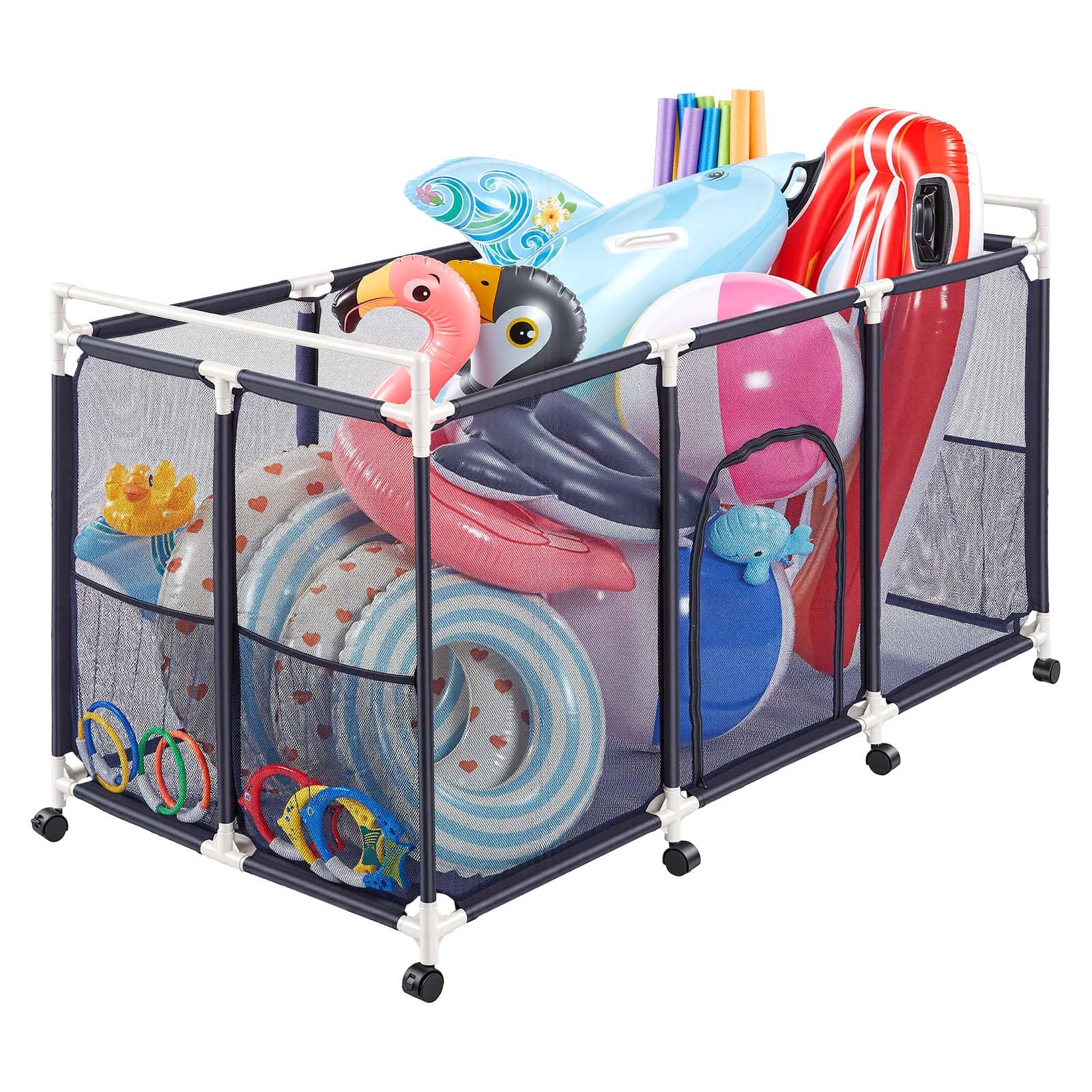 VEVOR - Pool Storage Bin, 62.6 x 32 x 36 in, Rolling Pool Float Storage Organizer with Side Pockets & Casters - White Frame, White Connectors & Blue Mesh Fabric
