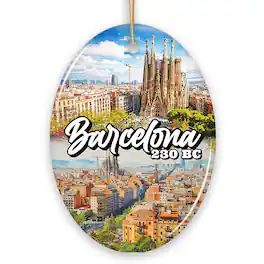 OrnamentallyYou - Illustrated Barcelona Landmarks Ornament Spain Travel Souvenir and Christmas Gift Oval - Multi-colored