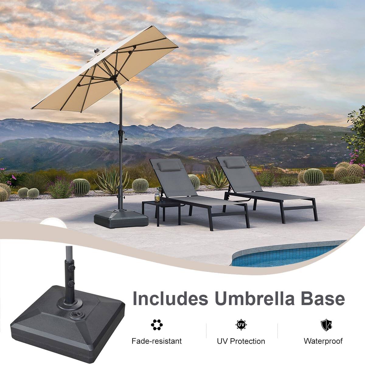 Includes Umbrella Base  
Fade-resistant  
UV Protection  
Waterproof