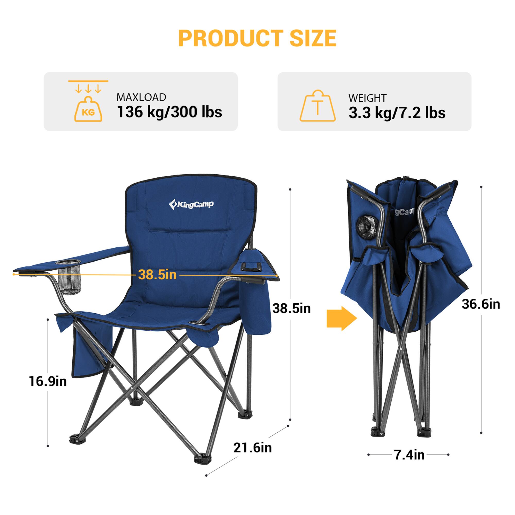 PRODUCT SIZE  
MAXLOAD 136 kg/300 lbs  
WEIGHT 3.3 kg/7.2 lbs  

KingCamp 9Cd  
38.5in x 38.5in x 36.6in x 16.9in x 21.6in x 7.4in