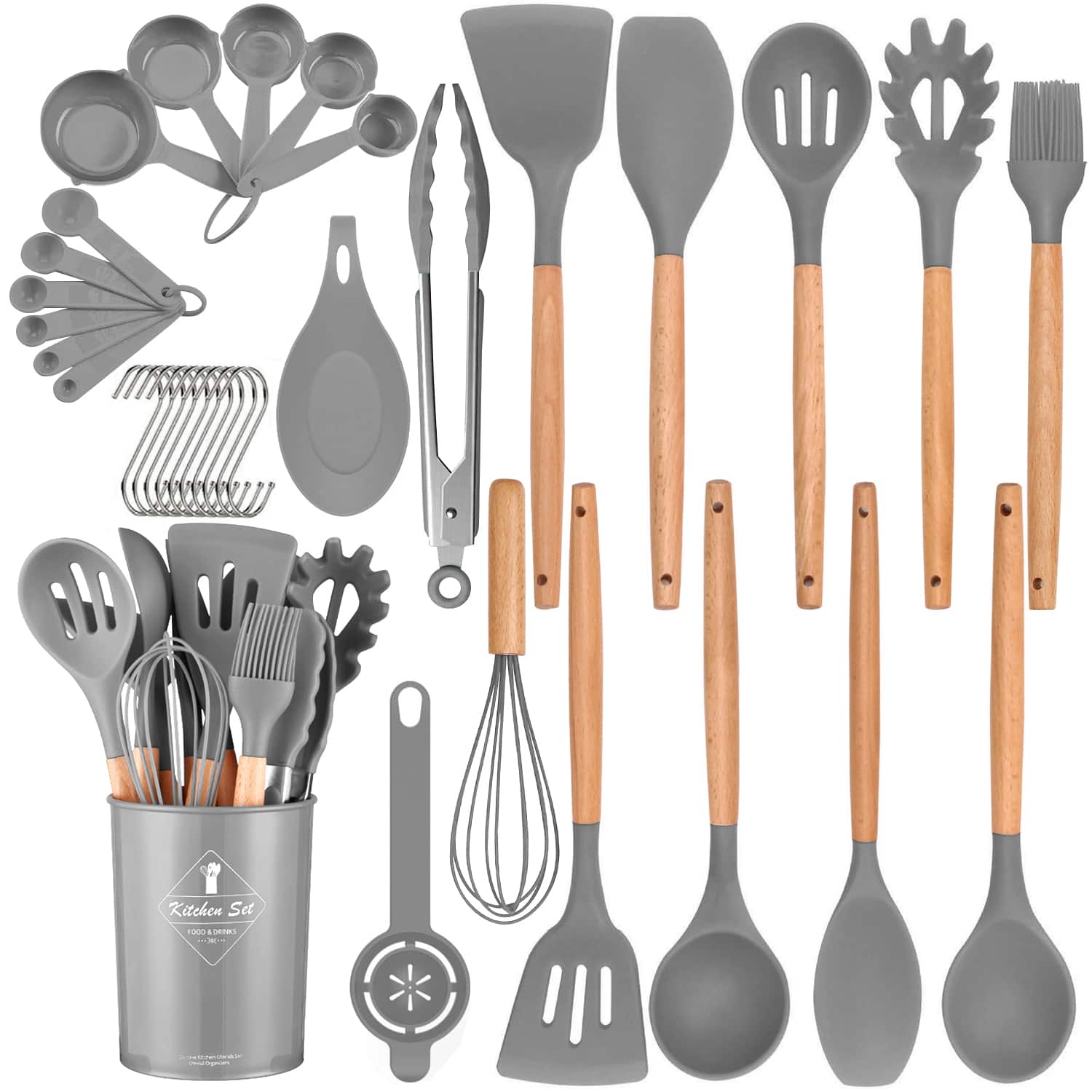 Malletson - 34 pcs Kitchen Utensils Set with Wooden Handles Spatula with Holder and Gadgets(GRAY)