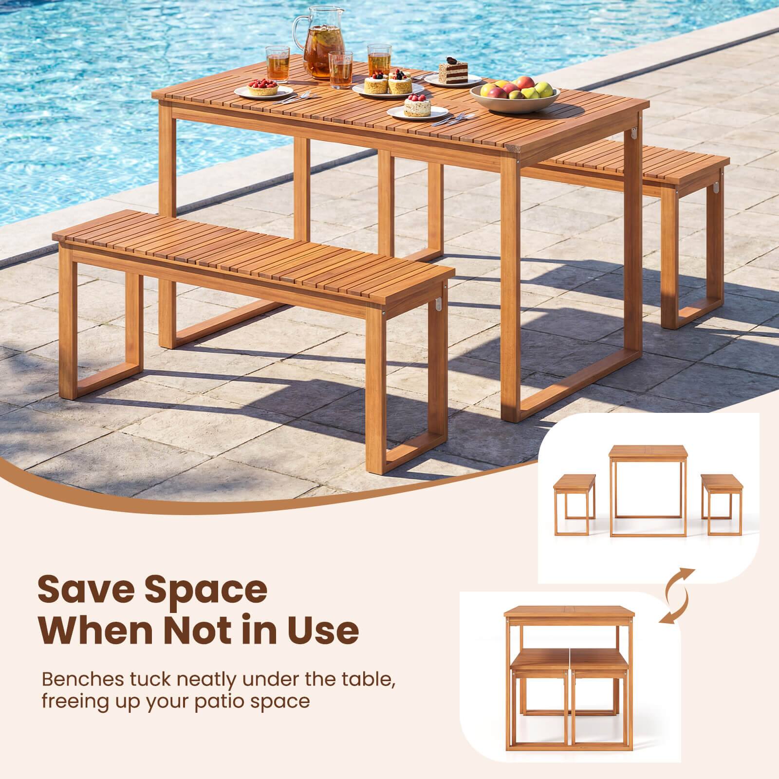 Save Space When Not in Use

Benches tuck neatly under the table, freeing up your patio space