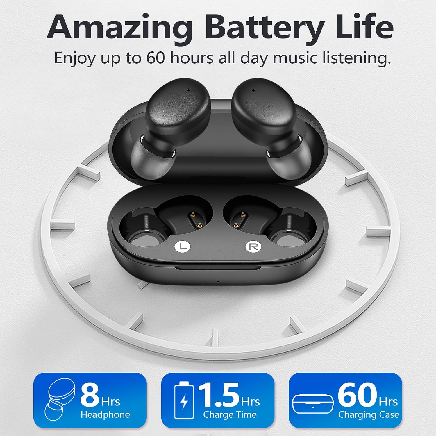 Amazing Battery Life  
Enjoy up to 60 hours all day music listening.  
8 Hrs Headphone  
1.5 Hrs Charge Time  
60 Hrs Charging Case