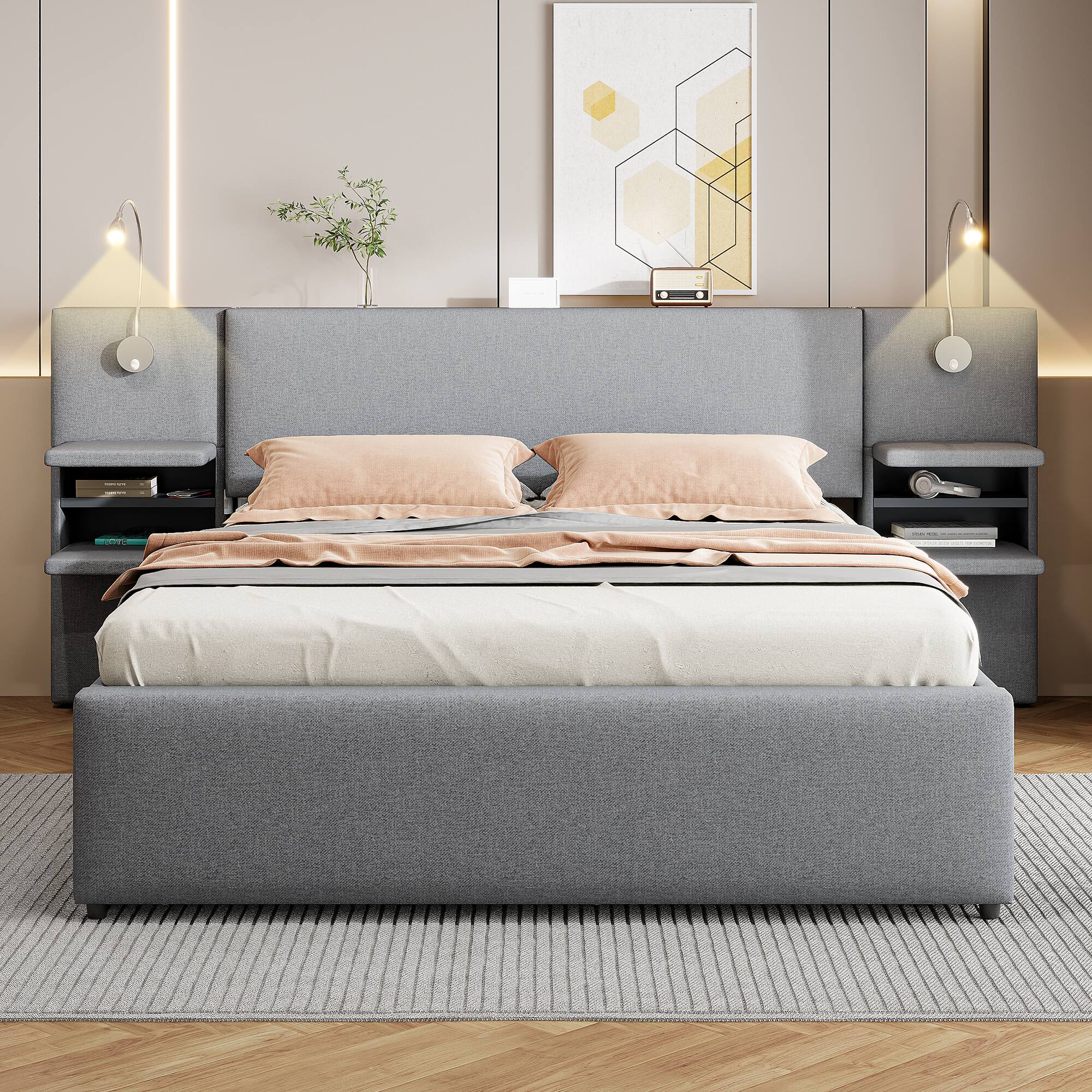 Angle. Tiramisubest - Queen Size Upholstered Platform Bed with Reading Lights, Drawers, Trundle and Shelves, Gray - Gray.