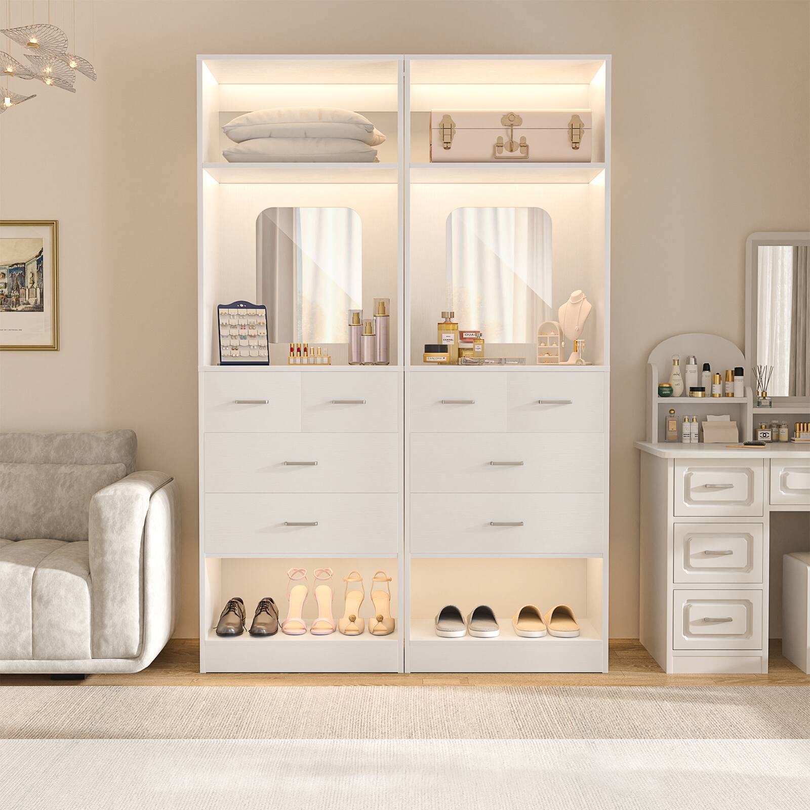 Alt View 1. Aheaplus - 25 Inch Closet System with 4 Wooden Drawers, Freestanding Closet Organizer with Mirror & Storage Shelves - White.
