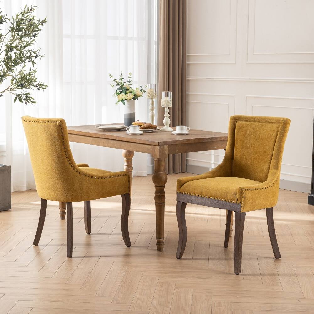 Alt View 9. Loheer - Loheer Golden Yellow Dining Chairs Set of 2 Thick Fabric High Back Solid Wood Legs - Golden Yellow.