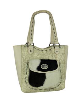 Montana West Trinity Ranch Hair-On Leather Trim Tooled Concealed Carry Tote Bag - Beige