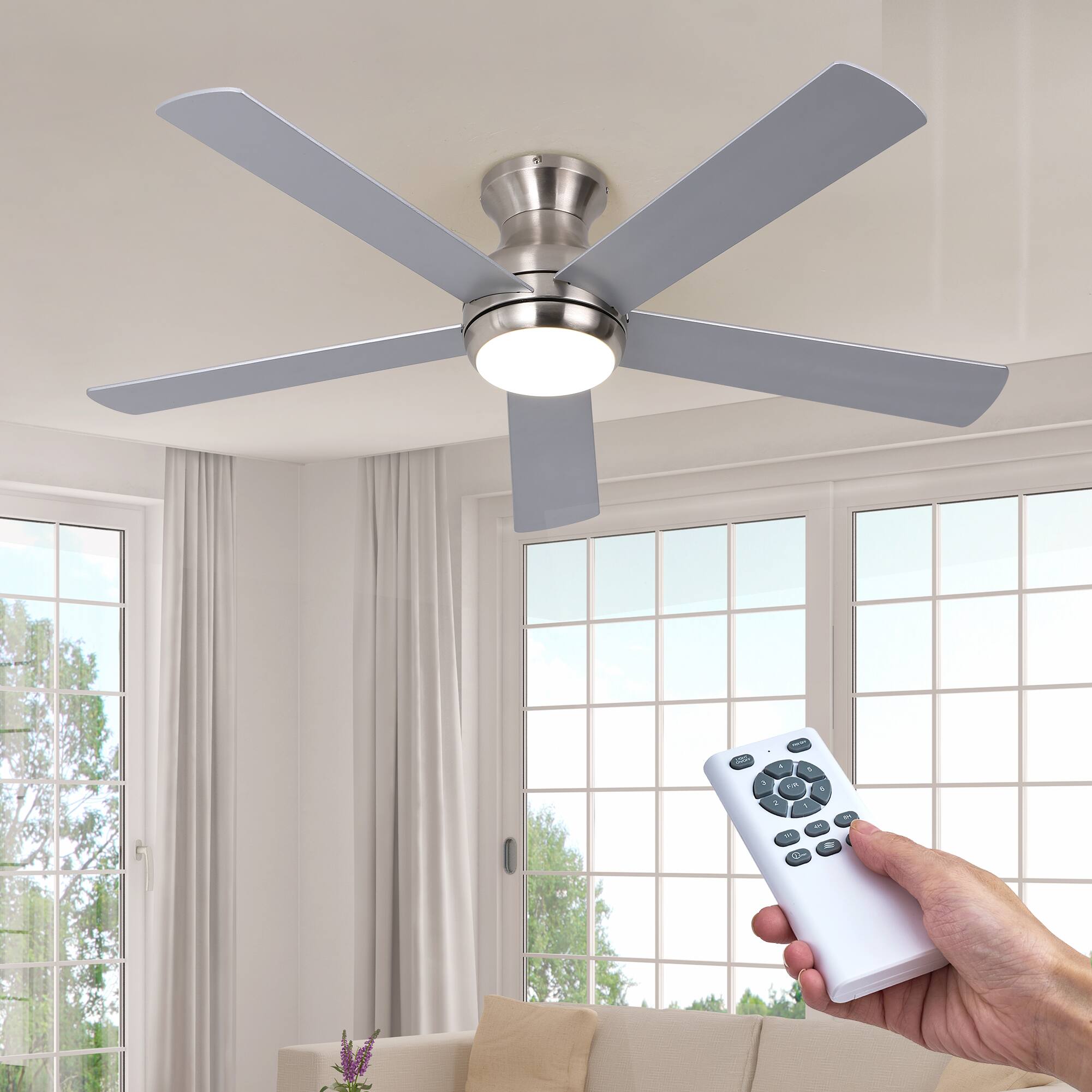 Front. Domanki - 52" Flush Mount Ceiling Fan with Light and Remote Control, Brushed Nickel, 6 Speed Reversible DC Motor  for Living Room - Sliver.