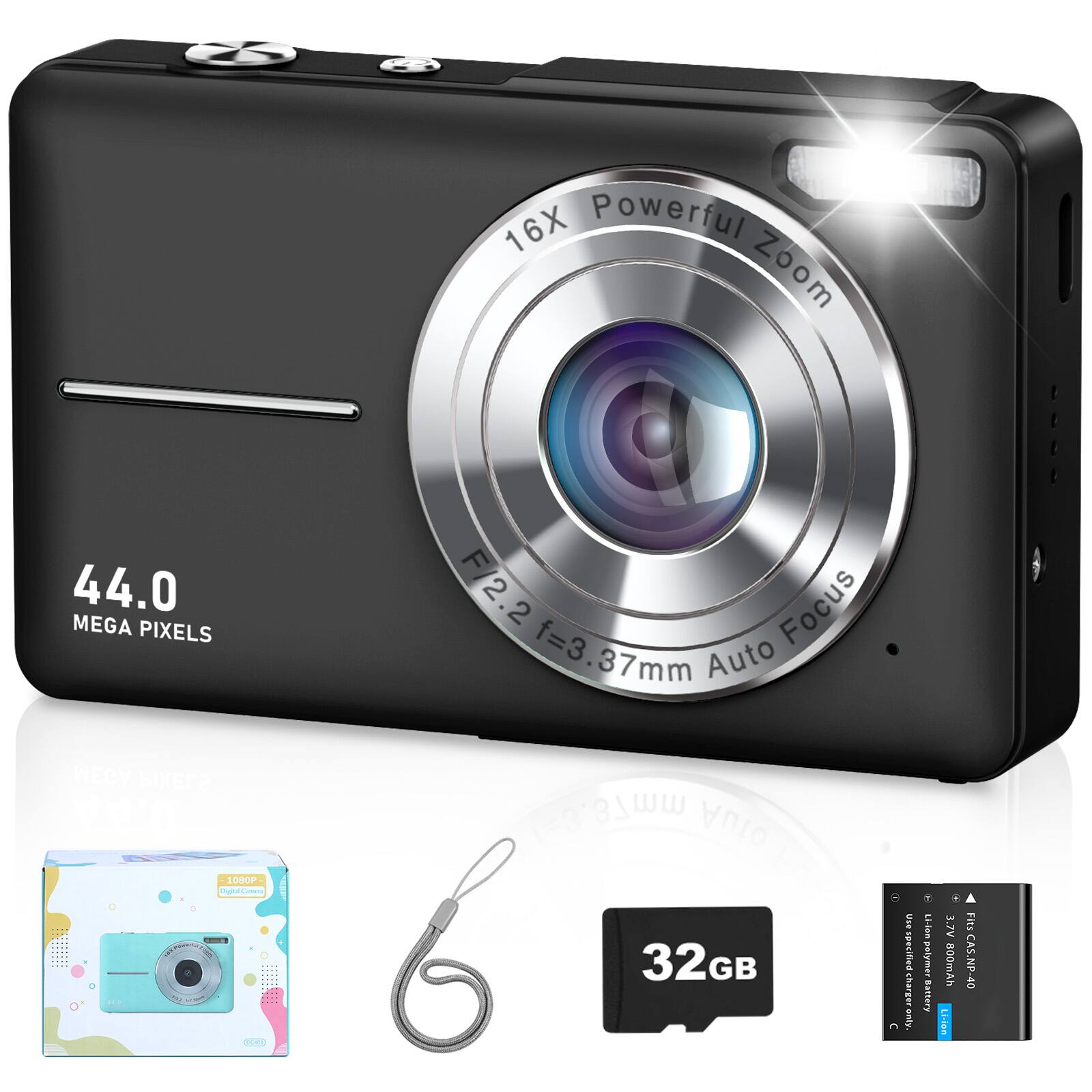 16X Powerful Zoom  
44.0 MEGA PIXELS  
1080P  
F/2.2 Focus f=3.37mm 37mm Auto  
32GB  
Use specified charger only.  
Li-ion polymer Battery + 3.7V 800mAh Li-Ion  
Fits CAS.NP-40