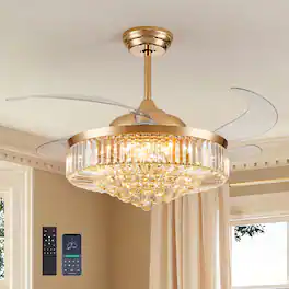 Siljoy - 52 Inch Crystal Retractable Ceiling Fan with LED Light Remote and App Control for Bedroom Kitchen and Living Room - Gold