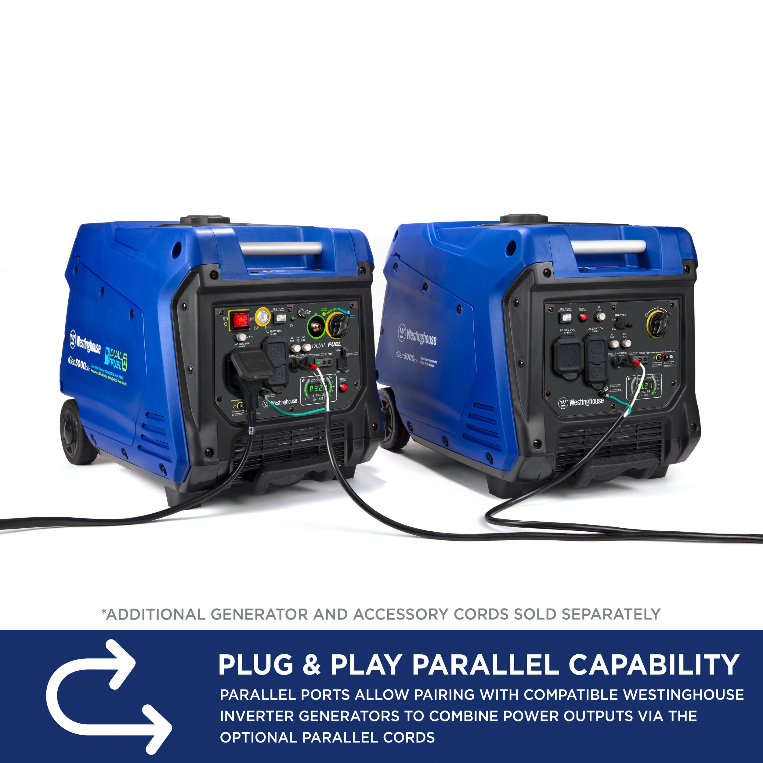 Westinghouse Gen5000 Dual Fuel

*ADDITIONAL GENERATOR AND ACCESSORY CORDS SOLD SEPARATELY

PLUG & PLAY PARALLEL CAPABILITY

PARALLEL PORTS ALLOW PAIRING WITH COMPATIBLE WESTINGHOUSE INVERTER GENERATORS TO COMBINE POWER OUTPUTS VIA THE OPTIONAL PARALLEL CORDS