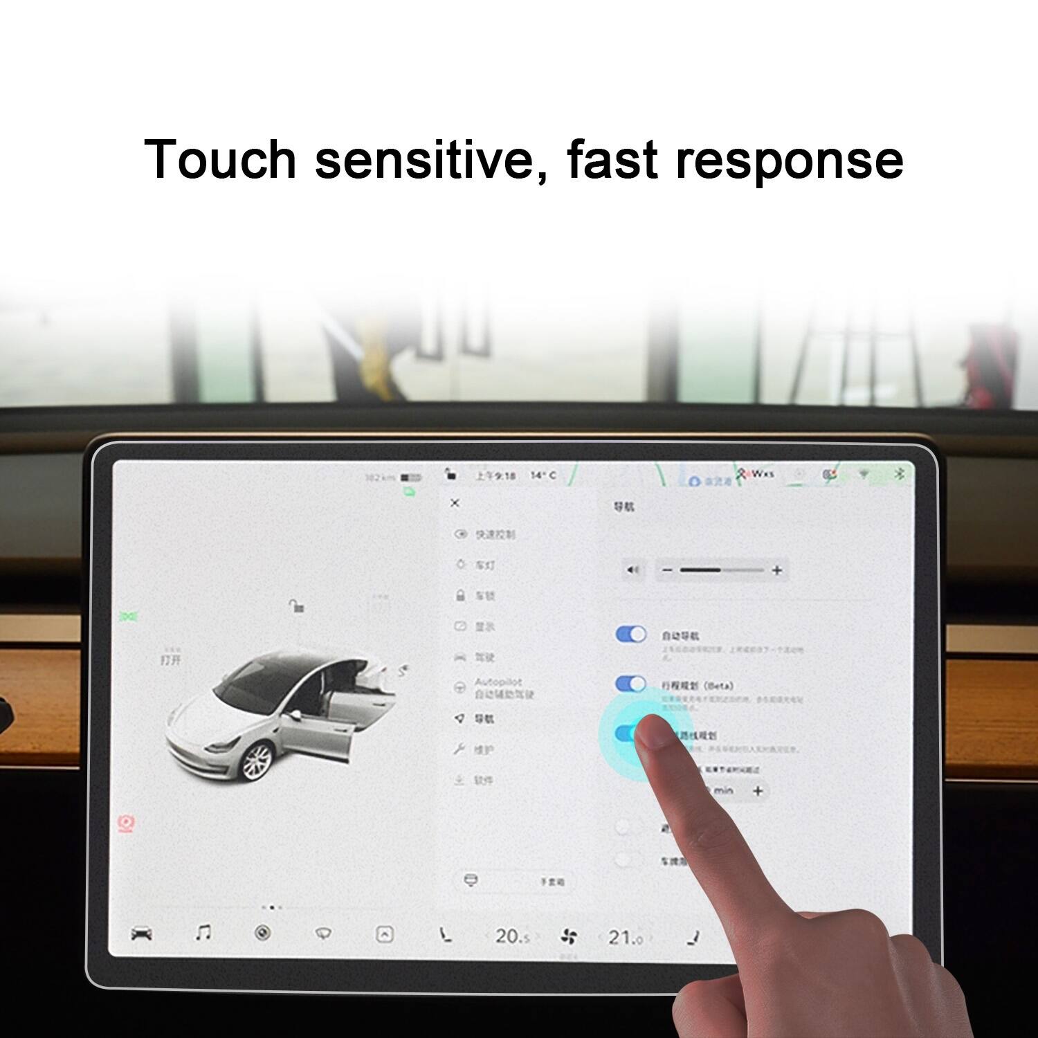 Touch sensitive, fast response. 182 km. 18°C. 14C. Wes x + jDc E Autopilot (beta) 5 min + 20 21.0