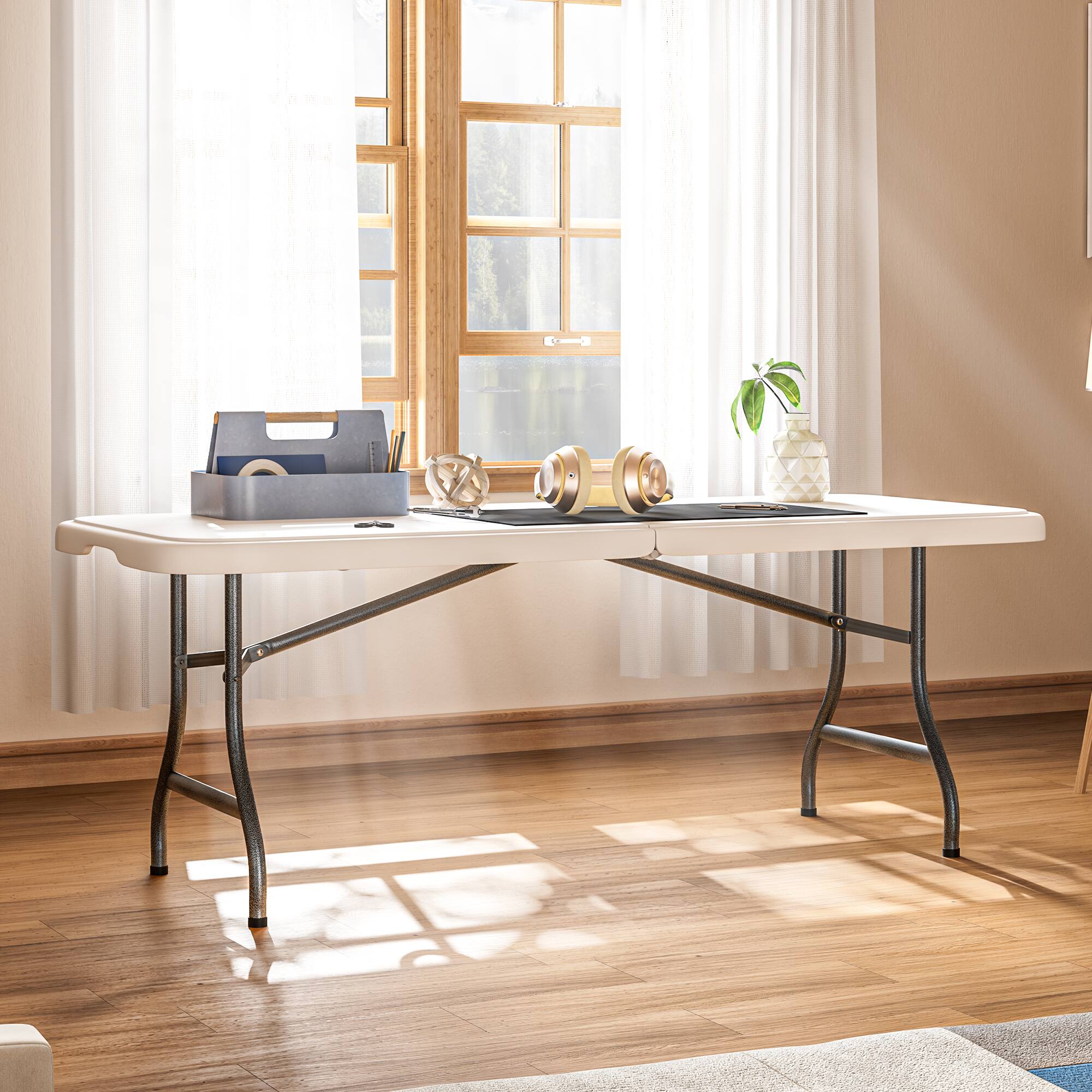 Angle. Decksplore - 70x29 Inch Portable Folding Table, Height-Adjustable for Indoor/Outdoor Events. Durable Plastic, Folds for Easy Storage. - White.