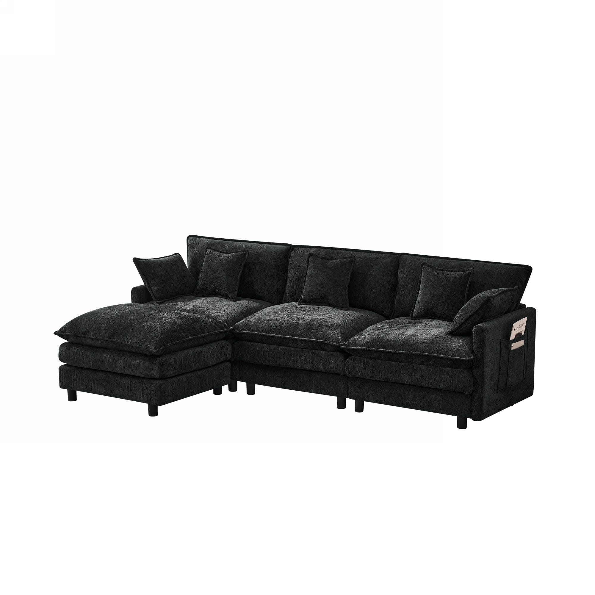 Boyel Living - 101.9In Black Cashmere Modular Sofa 3-Seater with Movable Footstool - Black