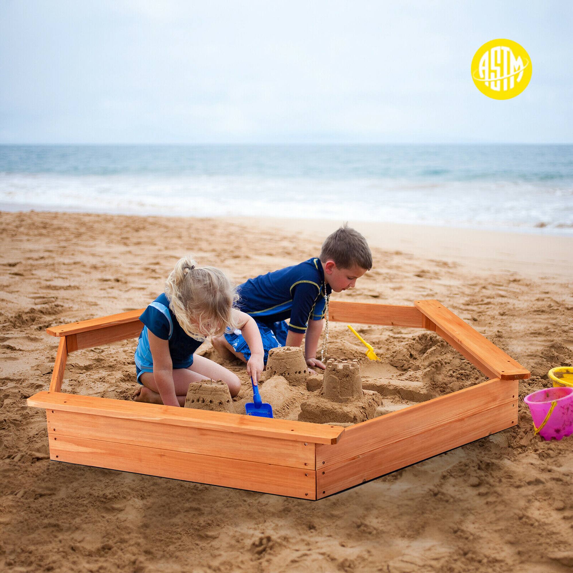 Alt View 3. Costway - Costway Hexagon Wooden Cedar Sand Box w Seat Boards & Cover & Ground Liner - Natural.