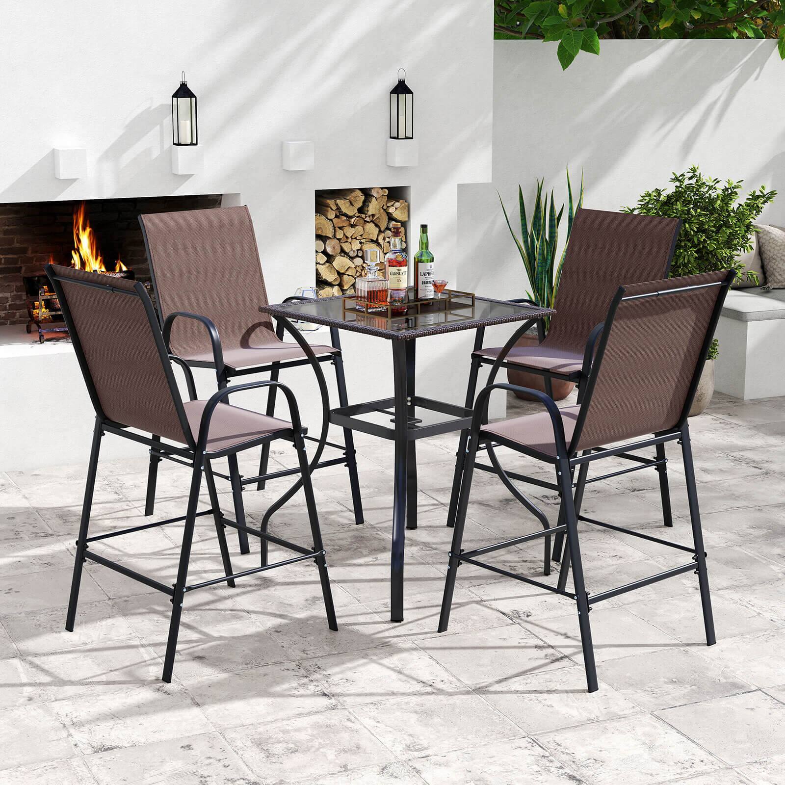 Alt View 4. Costway - Costway 2 PCS Outdoor Bar Stools 29" Fabric Bar Height Stools with Armrests & Footrest - Brown.