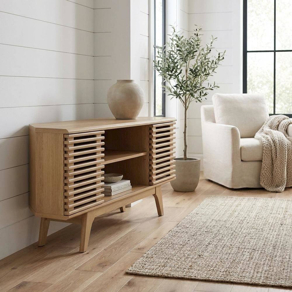 Angle. FurniFact - Brown wood corner TV stand with sleek design and sturdy construction - Brown.