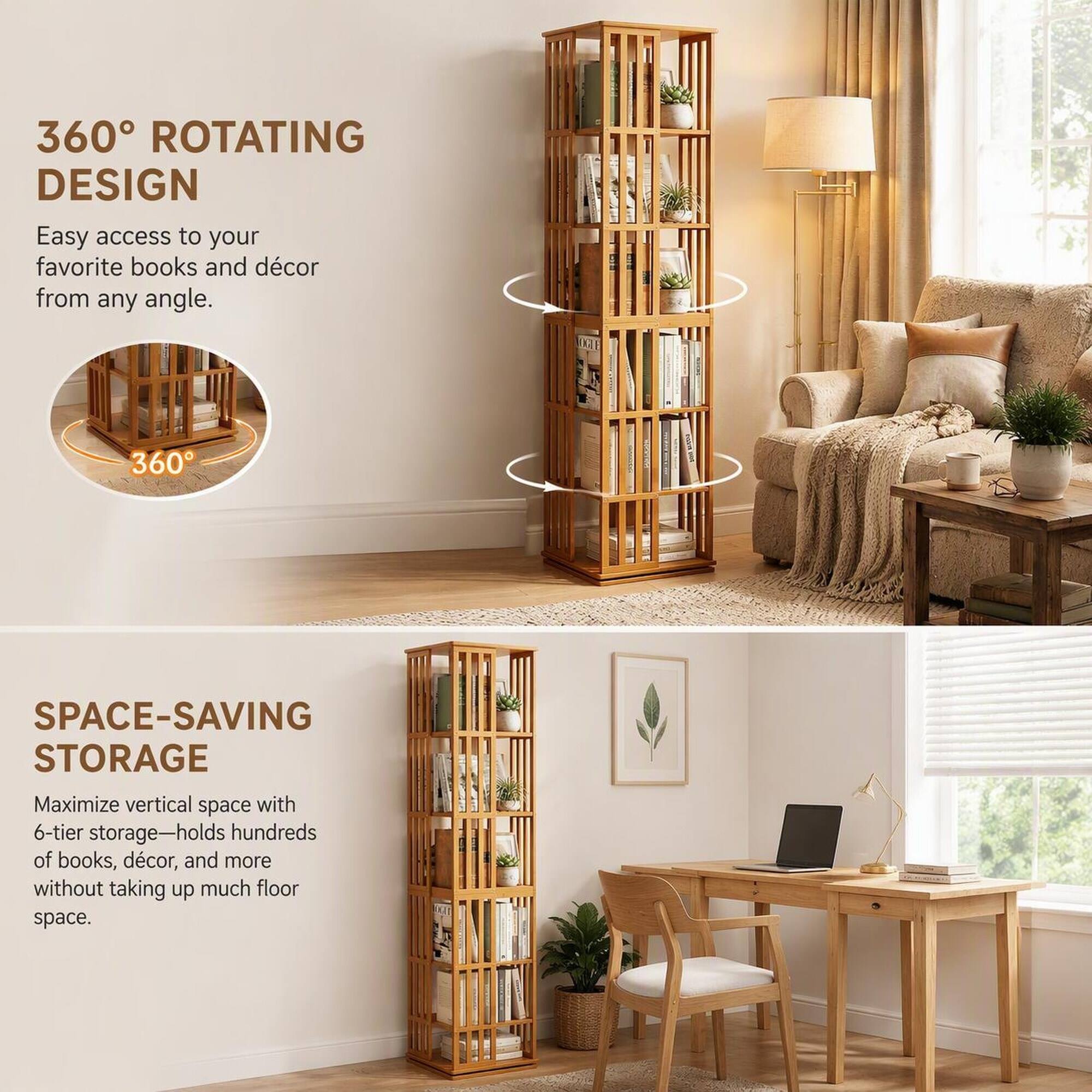 360° ROTATING DESIGN  
Easy access to your favorite books and décor from any angle.

SPACE-SAVING STORAGE  
Maximize vertical space with 6-tier storage—holds hundreds of books, décor, and more without taking up much floor space.