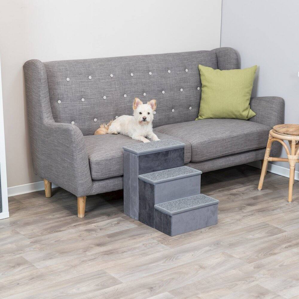 Left. TRIXIE - 3-Step Foldable Velour Pet Stairs with Storage, Gray - Gray.
