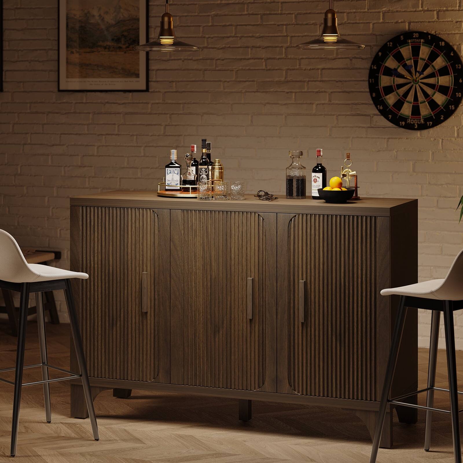 Alt View 3. Sugift - 47 Inch Fluted Buffet Cabinet Sideboard with 3 Doors and 4 Storage Compartments - Walnut Brown.