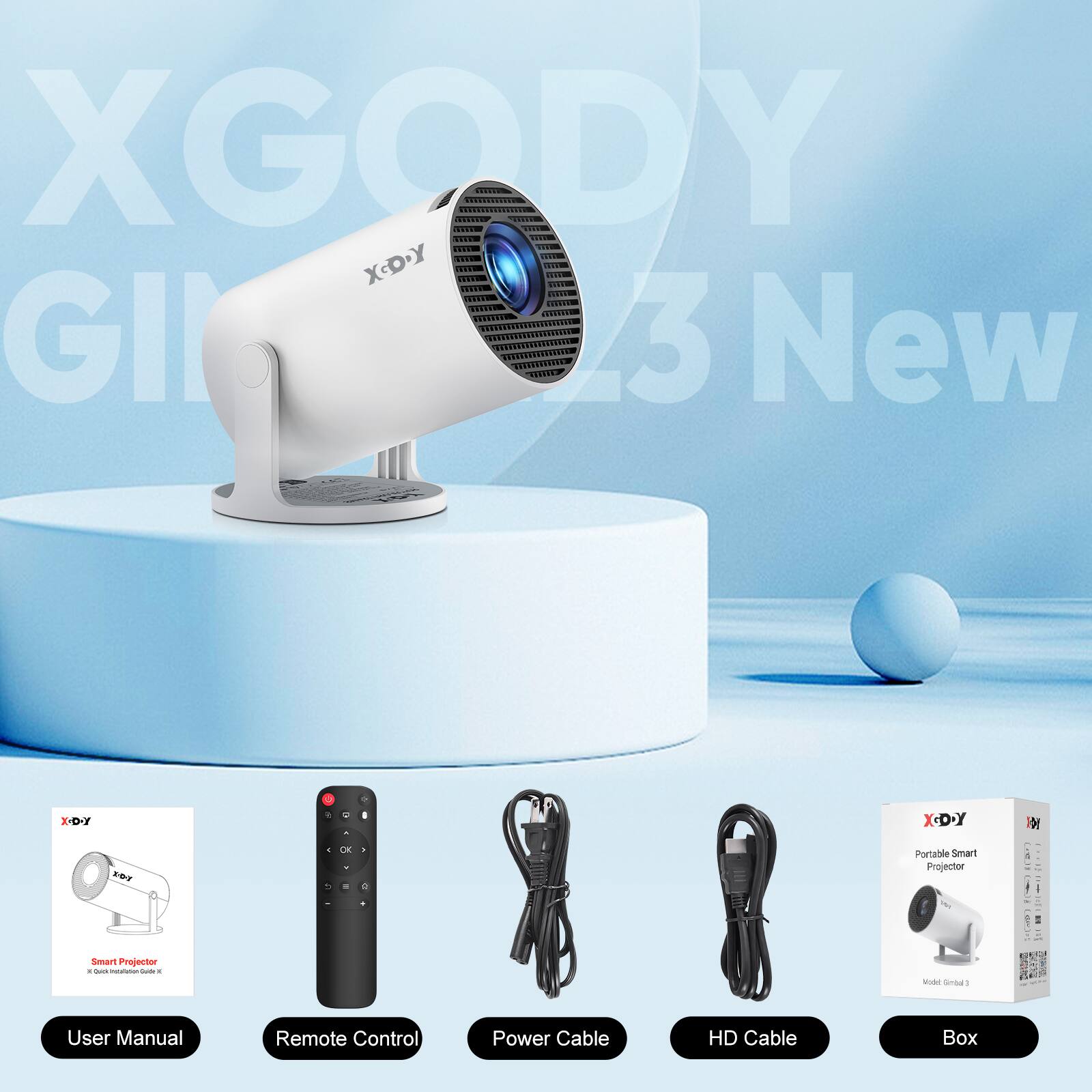 XGODY X-DY GI 13 New X-D-Y Smart Projector  
Portable Smart Projector  
User Manual  
Remote Control  
Power Cable  
HD Cable  
Box