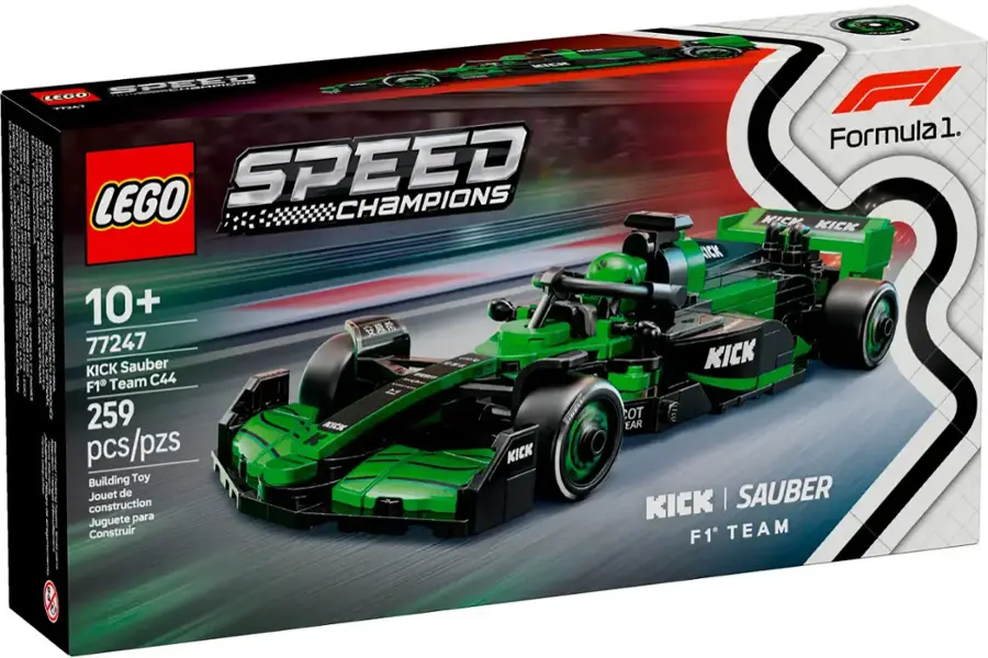 The text on the image reads: "WE F SPEED LEGO T Formula 1. LEGO SPEED CHAMPIONS KICK KICK ICK 10+ 77247 KICK KICK Sauber F1 Team C44  259  NICK EAR pcs/pzs KICK Building Toy construction Jouet de KICK | SAUBER Juguete para Construir F1 TEAM."
