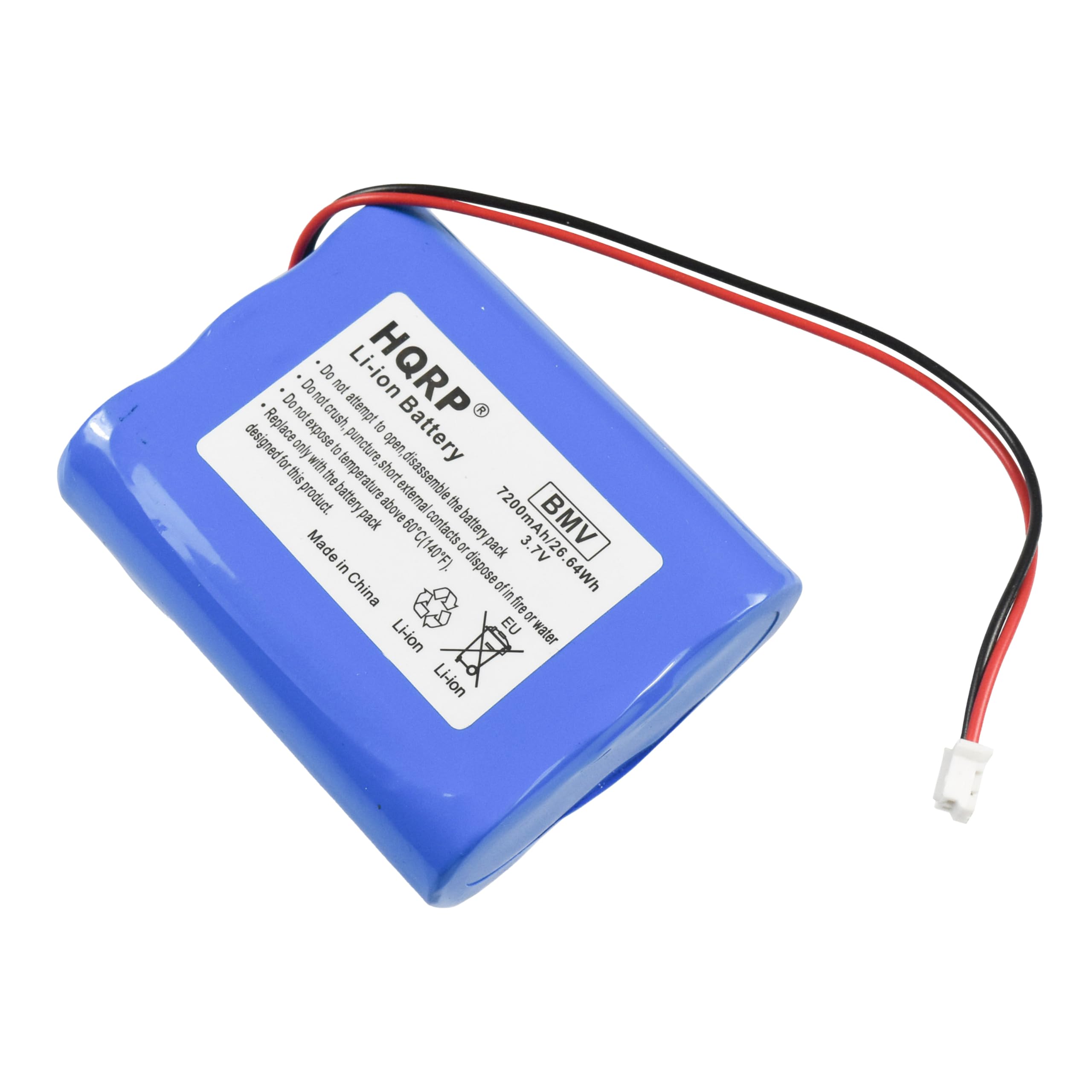 Do not crush, puncture, or expose to fire. Do not attempt to disassemble the battery. Do not expose to temperatures above 140°F (60°C). Do not dispose of in water. Designed for this product only. Made in China. Li-ion battery. 7200mAh/26.84Wh. 3.7V. BMV.