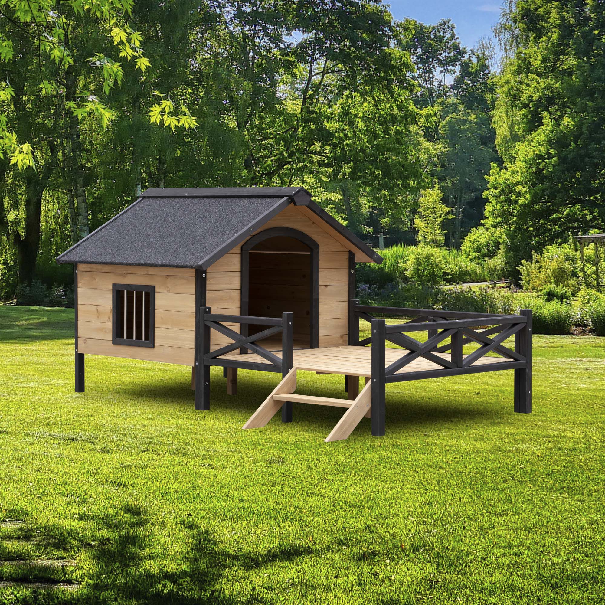 Alt View 1. Boyel Living - Natural Wood Large Wooden Dog Kennel Porch Outdoor Cabin House - Brown.