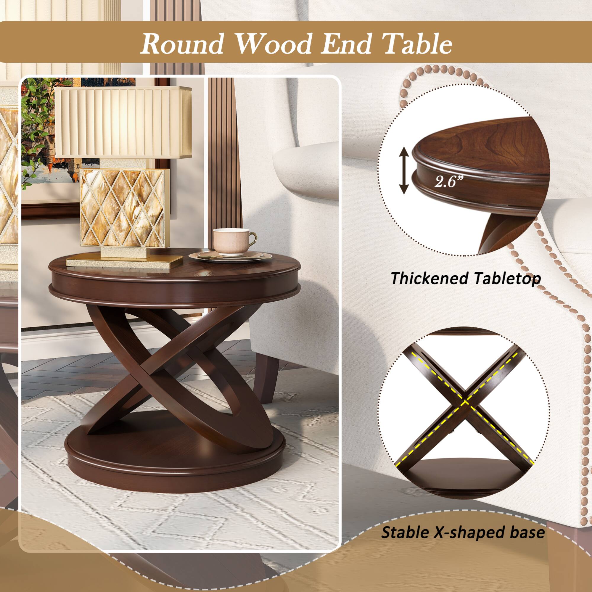 Round Wood End Table

- Thickened Tabletop
- Stable X-shaped base