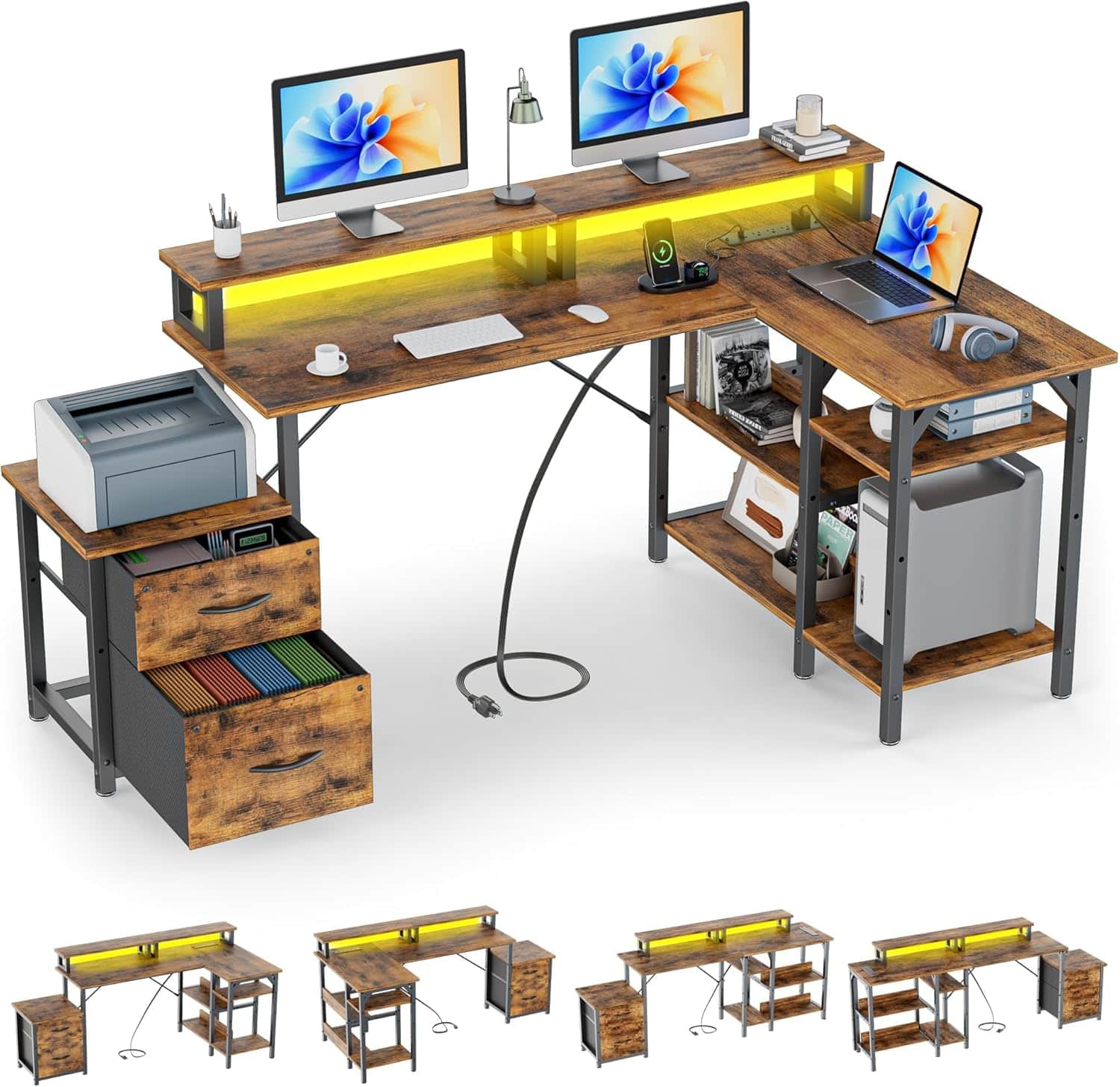 Front. GTPlayer - 70 inch L-Shaped LED Gaming Desk with Power Outlet Computer Desk - Brown.