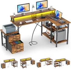 Front. GTPlayer - 70 IN Wide LED Gaming Desk L-Shaped with Power Outlet Computer Desk - Brown.