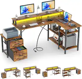 GTPlayer - 70 inch L-Shaped LED Gaming Desk with Power Outlet Computer Desk - Brown