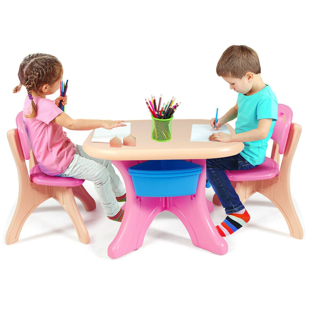 Front. Gymax - Gymax Plastic Children Kids Table & Chair Set 3 PC Play Furniture - Pink + Blue + Beige.
