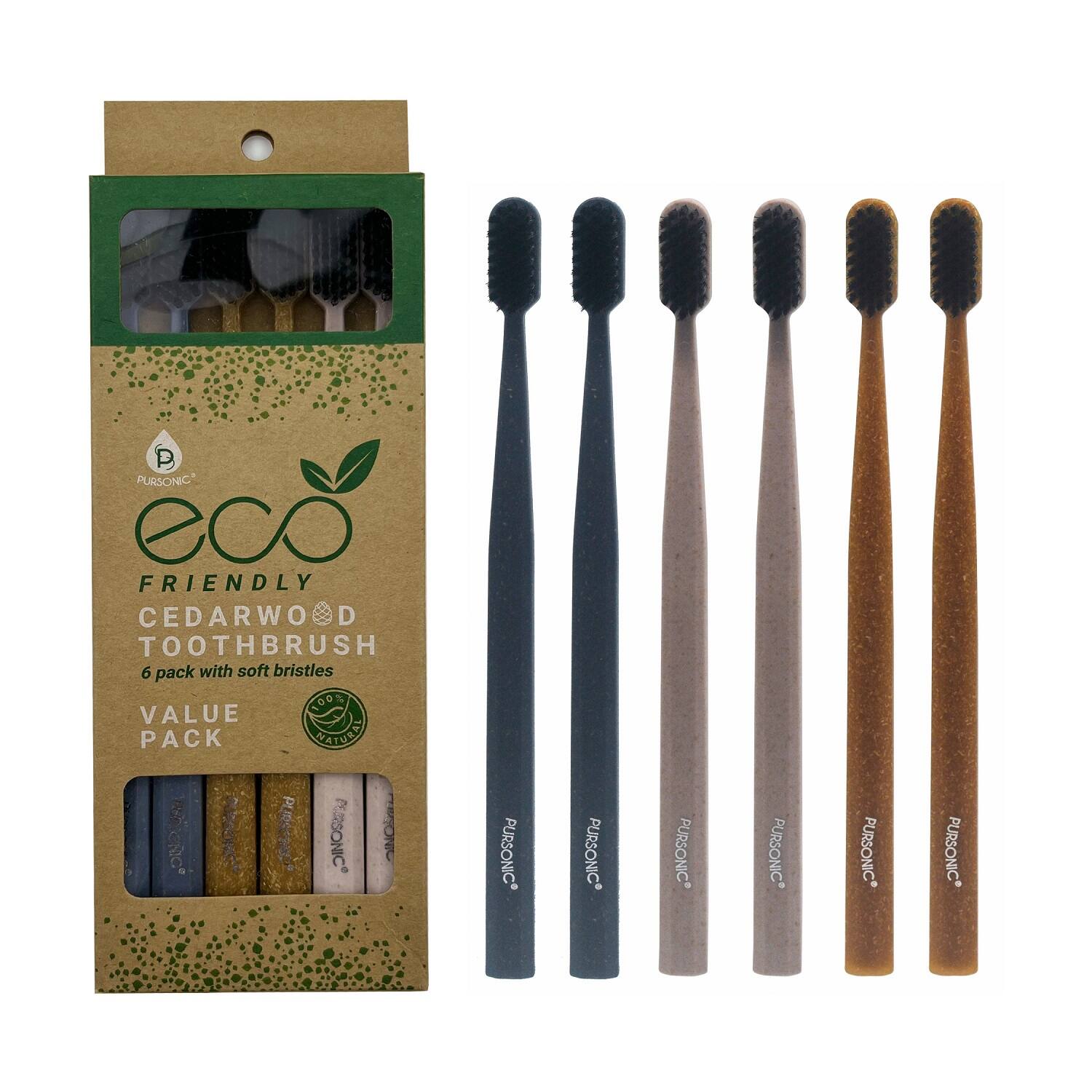 PURSONIC eco FRIENDLY CEDARWOOD TOOTHBRUSH 6 pack with soft bristles 100% VALUE PACK