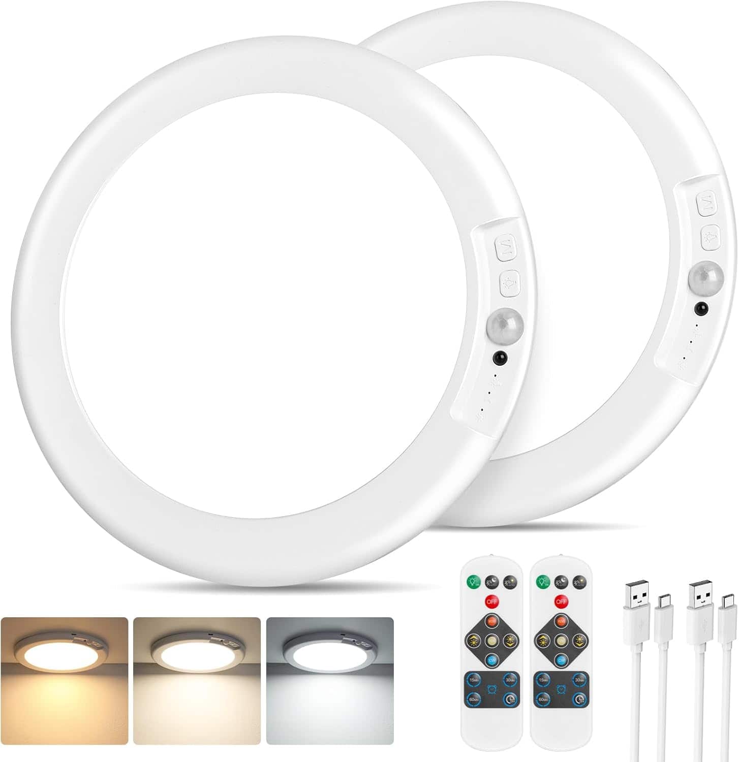 Nordic Hygge - Rechargeable Motion Sensor Ceiling Lights with Remote, Battery Operated Ceiling Lights No Wiring, Wireless LED Lights - White