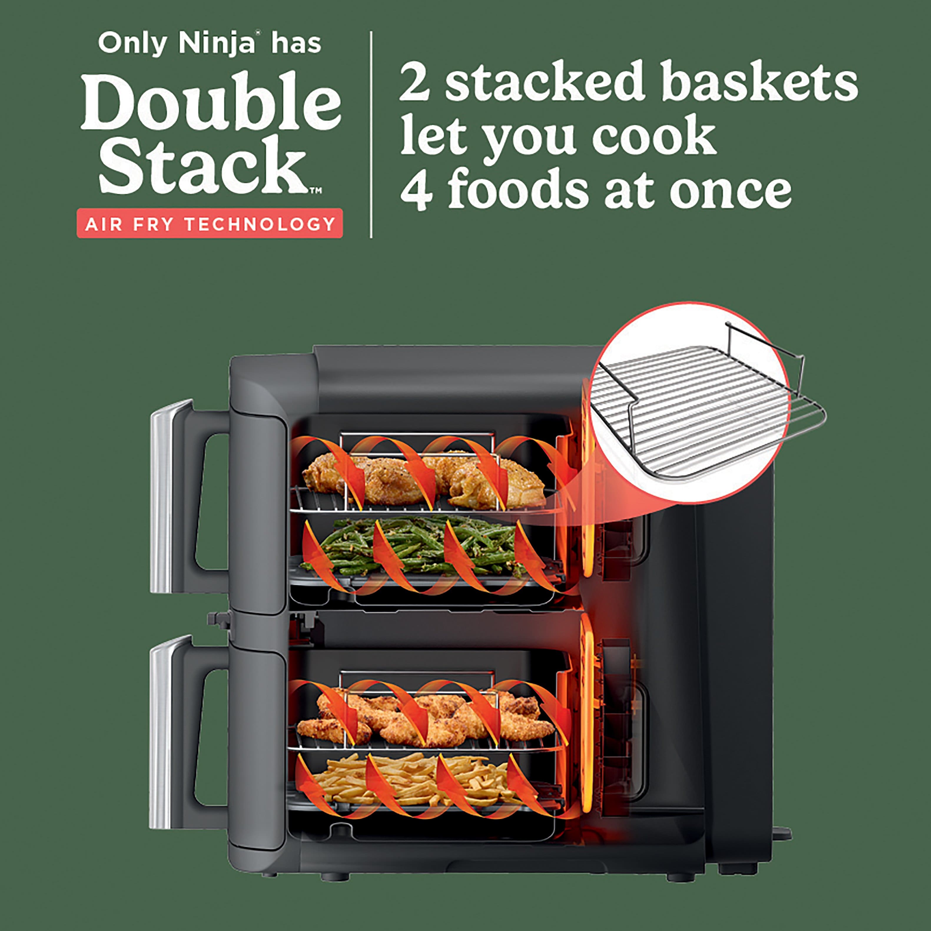 Only Ninja has Double 2 stacked baskets that let you cook 4 foods at once using AIR FRY technology.