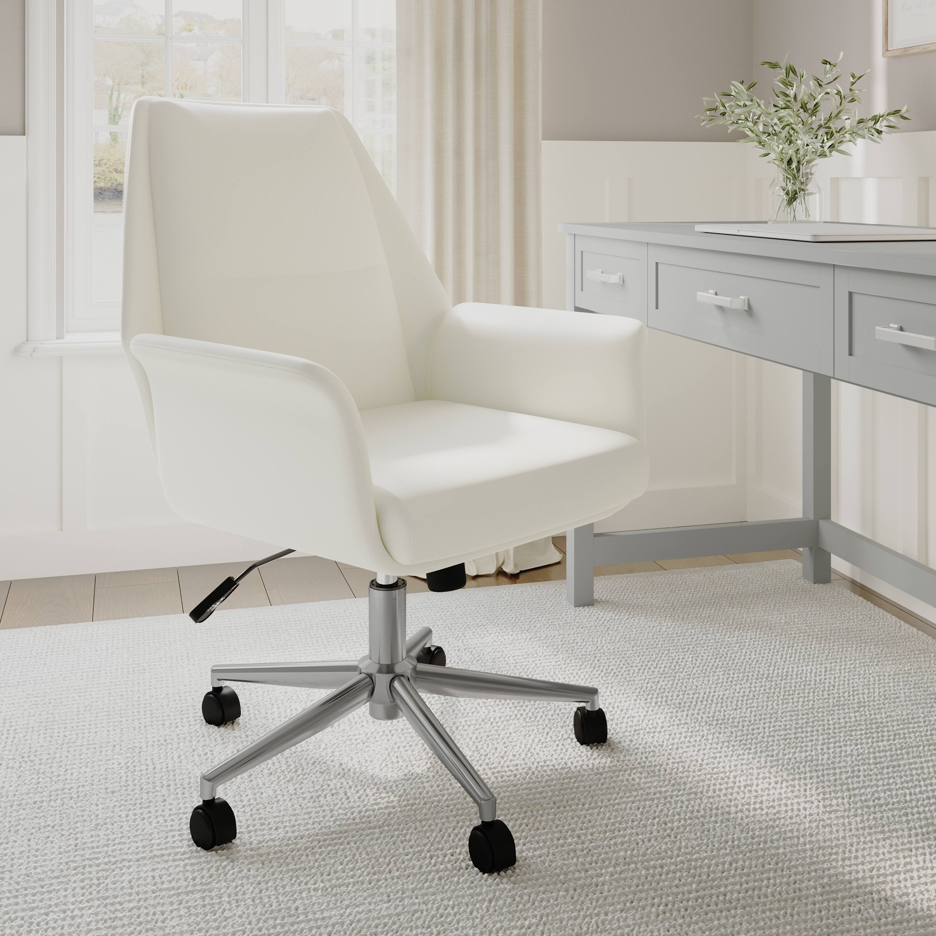 Alt View 4. Martha Stewart - Maxine Upholstered Swivel Home Office Chair with Flared Arms - White Faux Leather/Polished Nickel Frame.