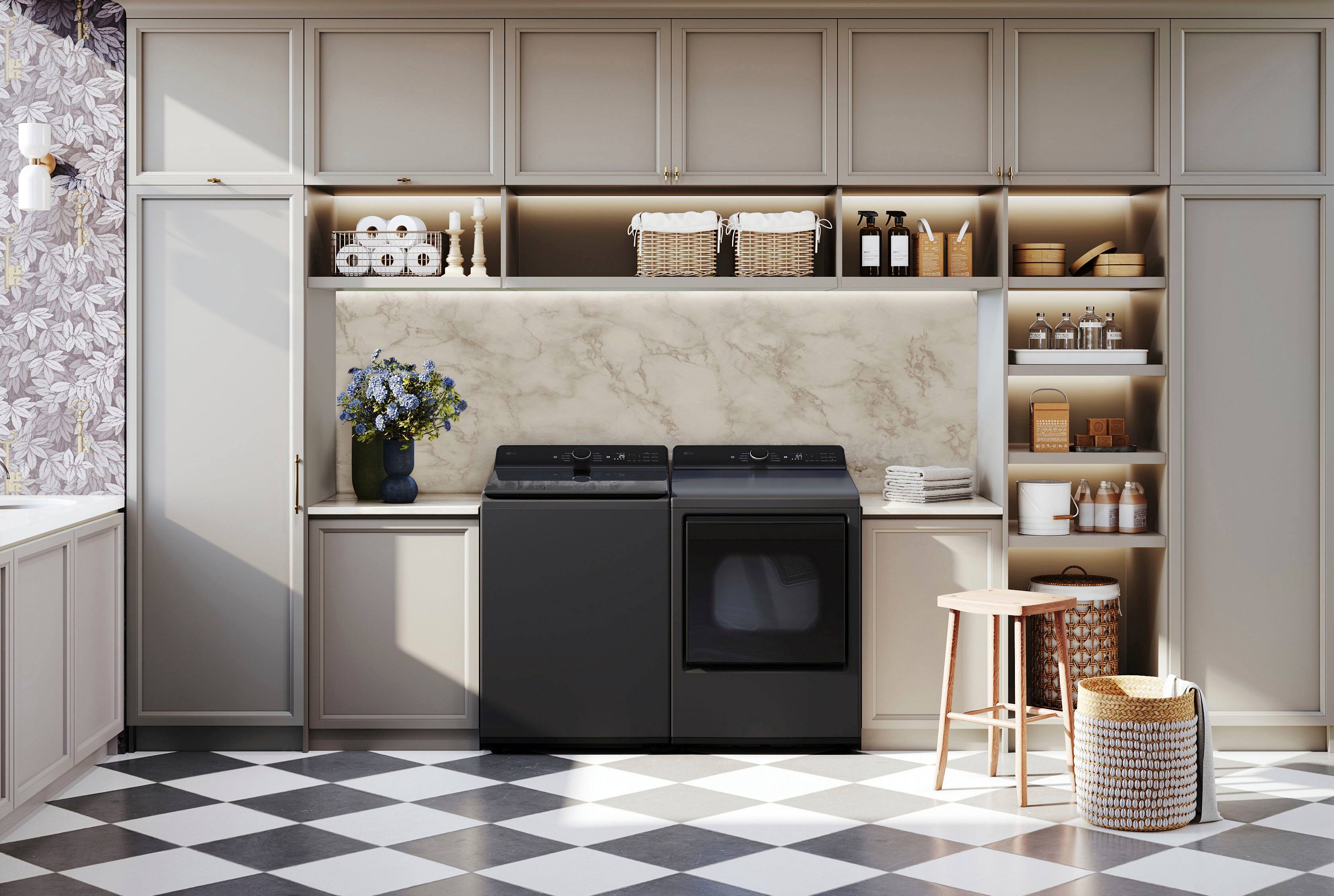 The image shows a kitchen with a black dishwasher, a sink, and a stove. There are also various items on the countertops, such as a vase, a bottle, and a bowl. The kitchen is well-organized, with shelves and cabinets providing ample storage space for kitchen essentials.