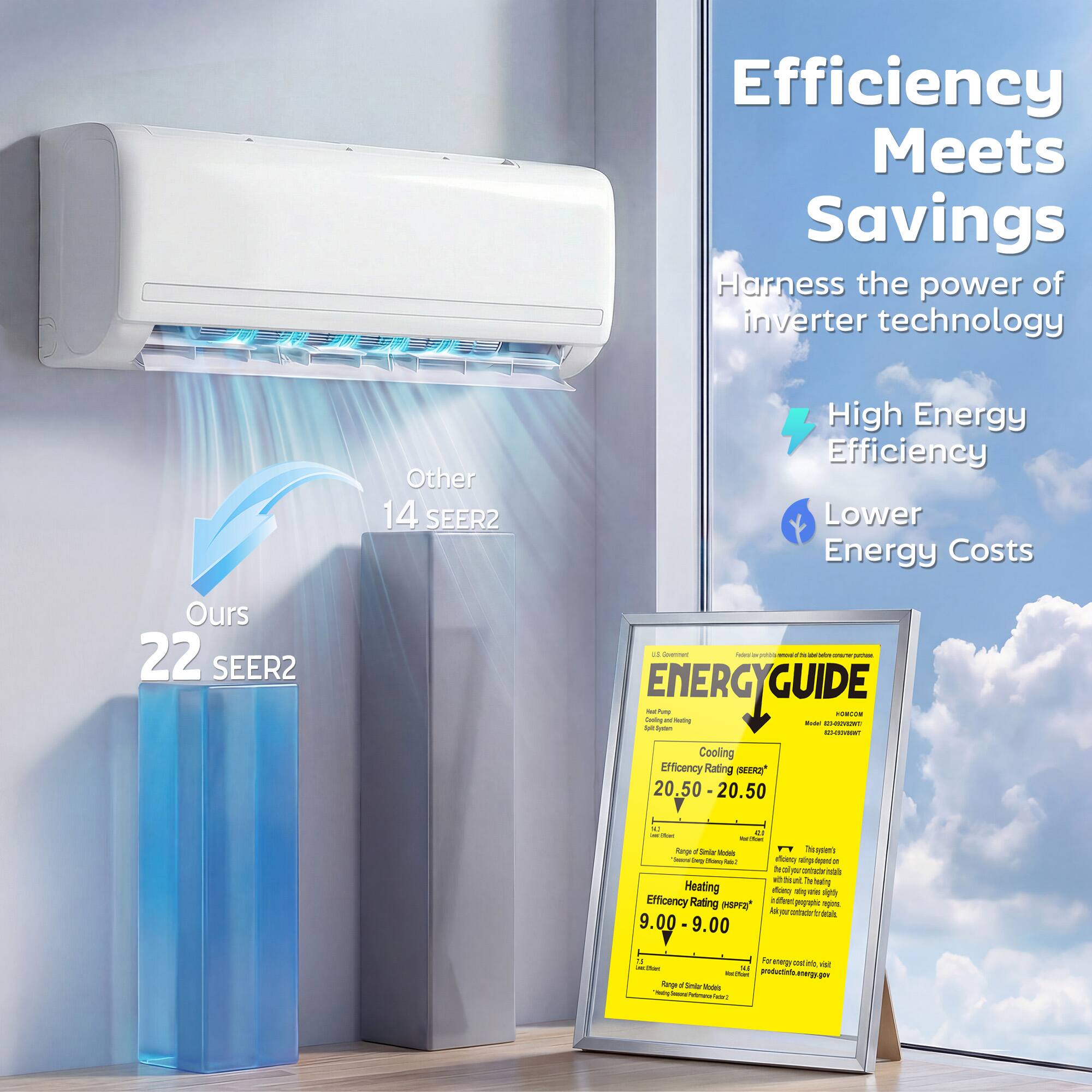 Efficiency Meets Savings  
Harness the power of inverter technology  
Other 14 SEER2  
High Energy Efficiency  
Lower Energy Costs  
Ours 22 SEER2  

ENERGY GUIDE  
Cooling Efficiency Rating: 20.50 - 20.50  
Heating Efficiency Rating: 9.00 - 9.00