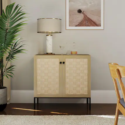 Front. Bestier - Wood Storage Cabinet with Woven Solid Wood Door, Large Capacity Storage and Metal Legs - wooden.