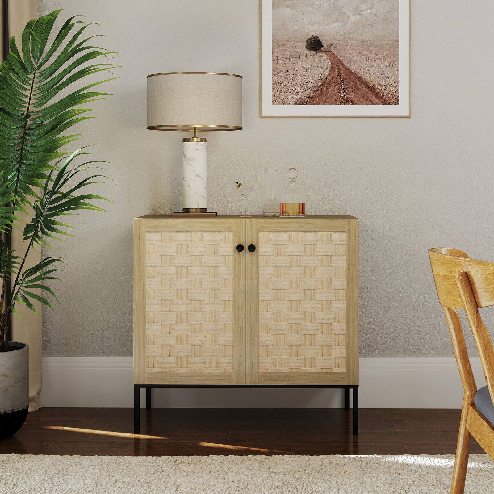 Front. Bestier - Wood Storage Cabinet with Woven Solid Wood Door, Large Capacity Storage and Metal Legs - wooden.