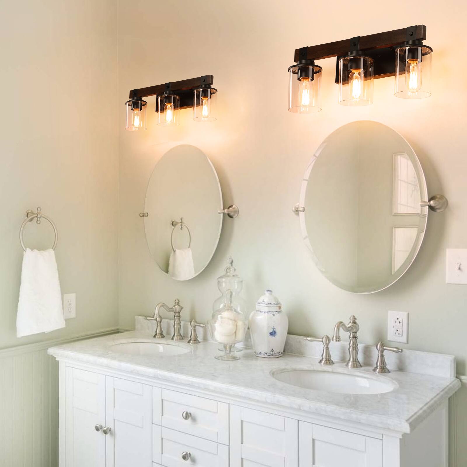 Angle. APRILSOUL - 19 Inch Rustic 3-Light Vanity Light Industrial Bathroom Wall Sconce with Glass Shades and Wood Accent No Bulbs.