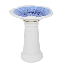 Sunnydaze - Misty Blossom Ceramic Outdoor Bird Bath - White and Blue