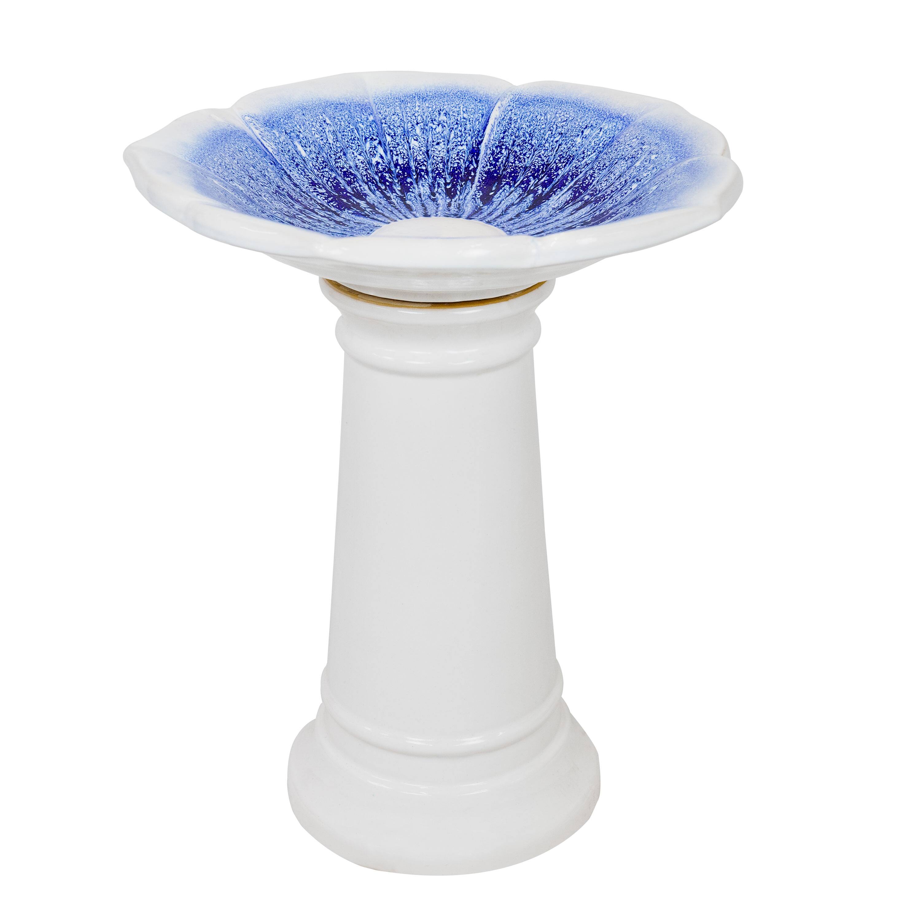 Front. Sunnydaze - Misty Blossom Ceramic Outdoor Bird Bath - White and Blue.