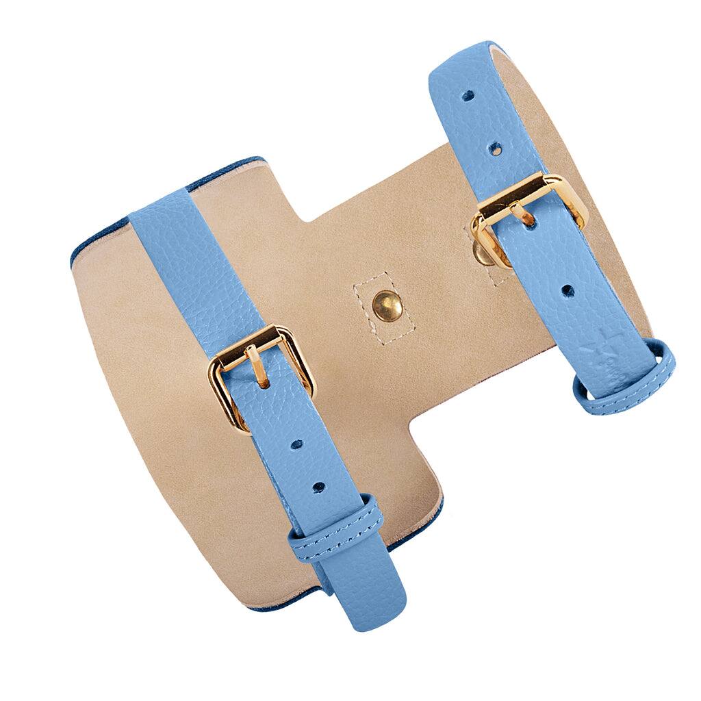 Angle. PoisePup - Luxe Adjustable Leather Harness Vest, Soft with Bow and Crystal for Dogs - Blue.