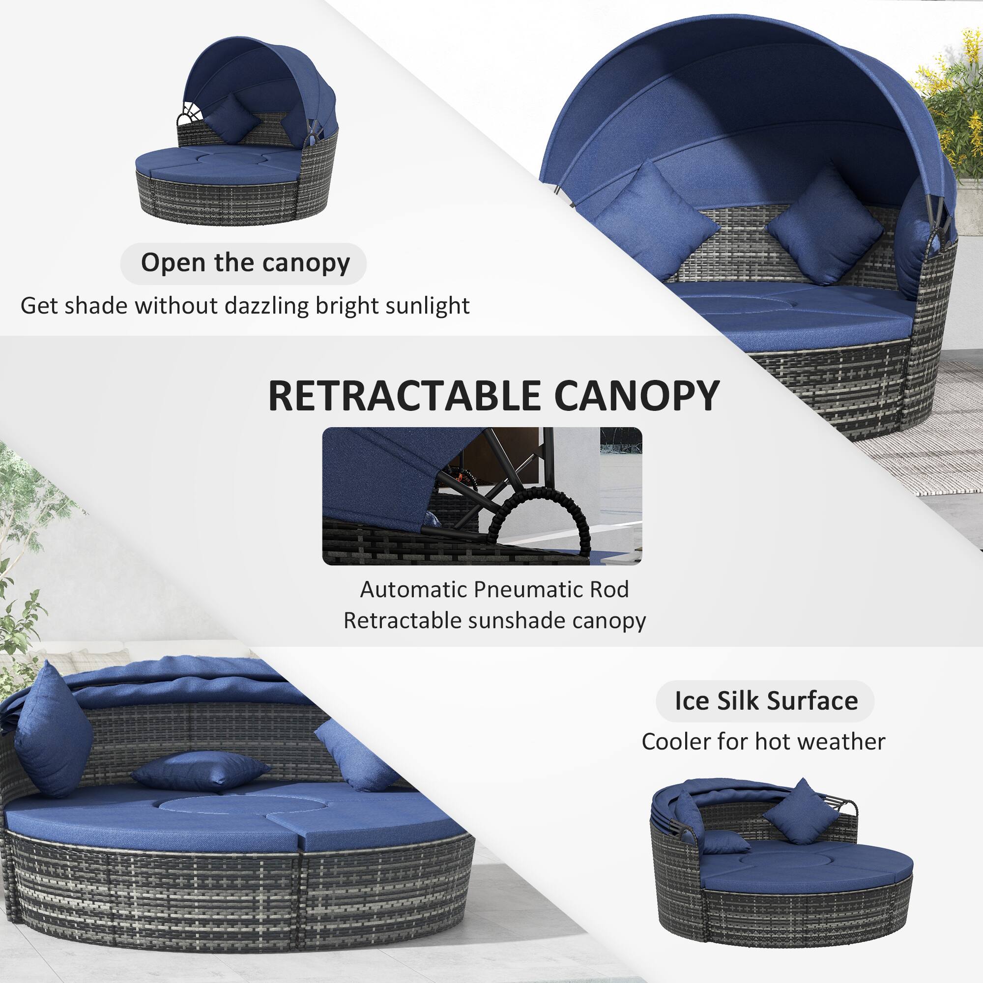 Open the canopy, Get shade without dazzling bright sunlight, RETRACTABLE CANOPY, Automatic Pneumatic Rod, Retractable sunshade canopy, Ice Silk Surface, Cooler for hot weather