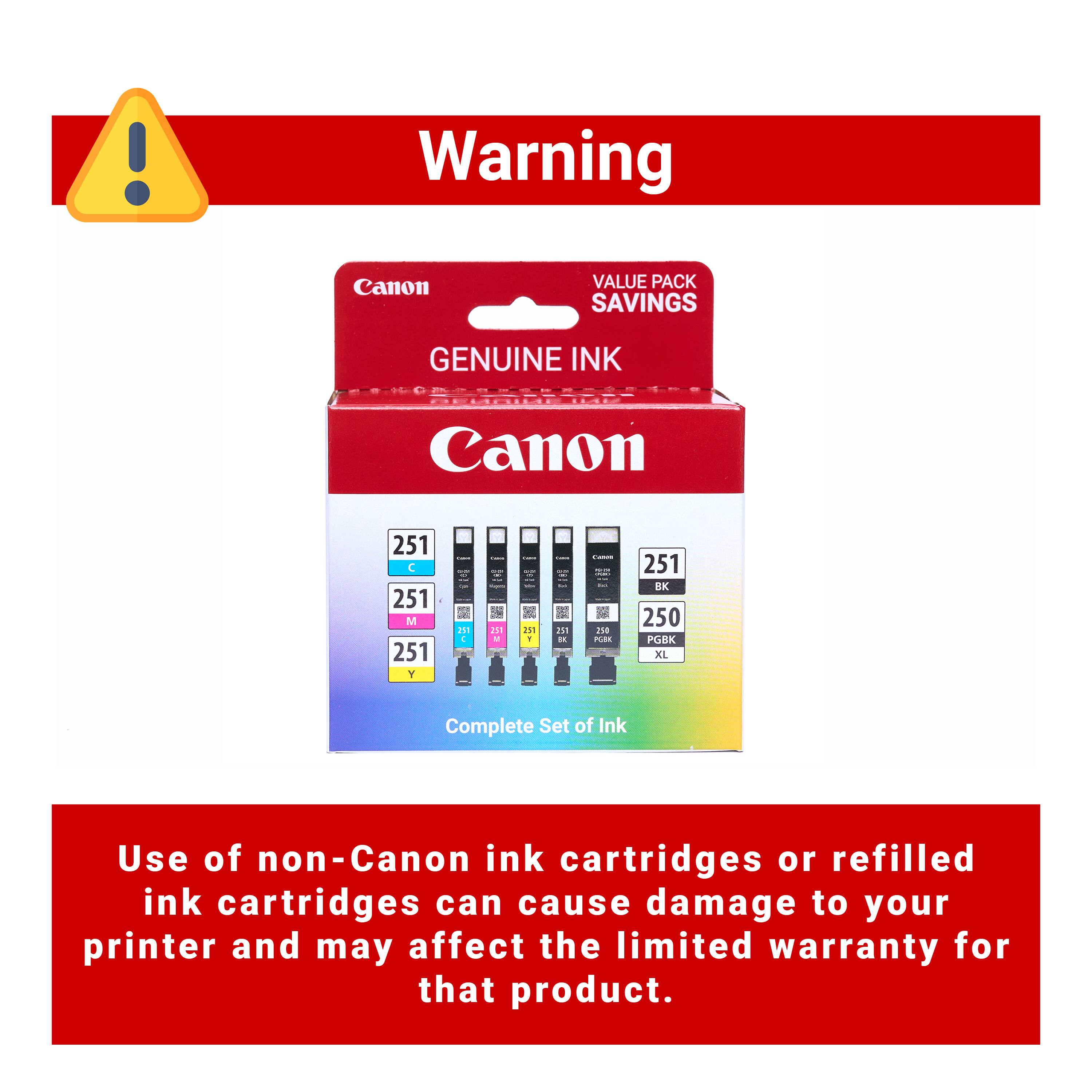 Warning Canon Value Pack Savings Genuine Ink Canon 251 C 251 M 251 Y 251 BK 251 PGI 251 EX 250 PGI-280 Complete Set of Ink Use of non-Canon ink cartridges or refilled ink cartridges can cause damage to your printer and may affect the limited warranty for that product.