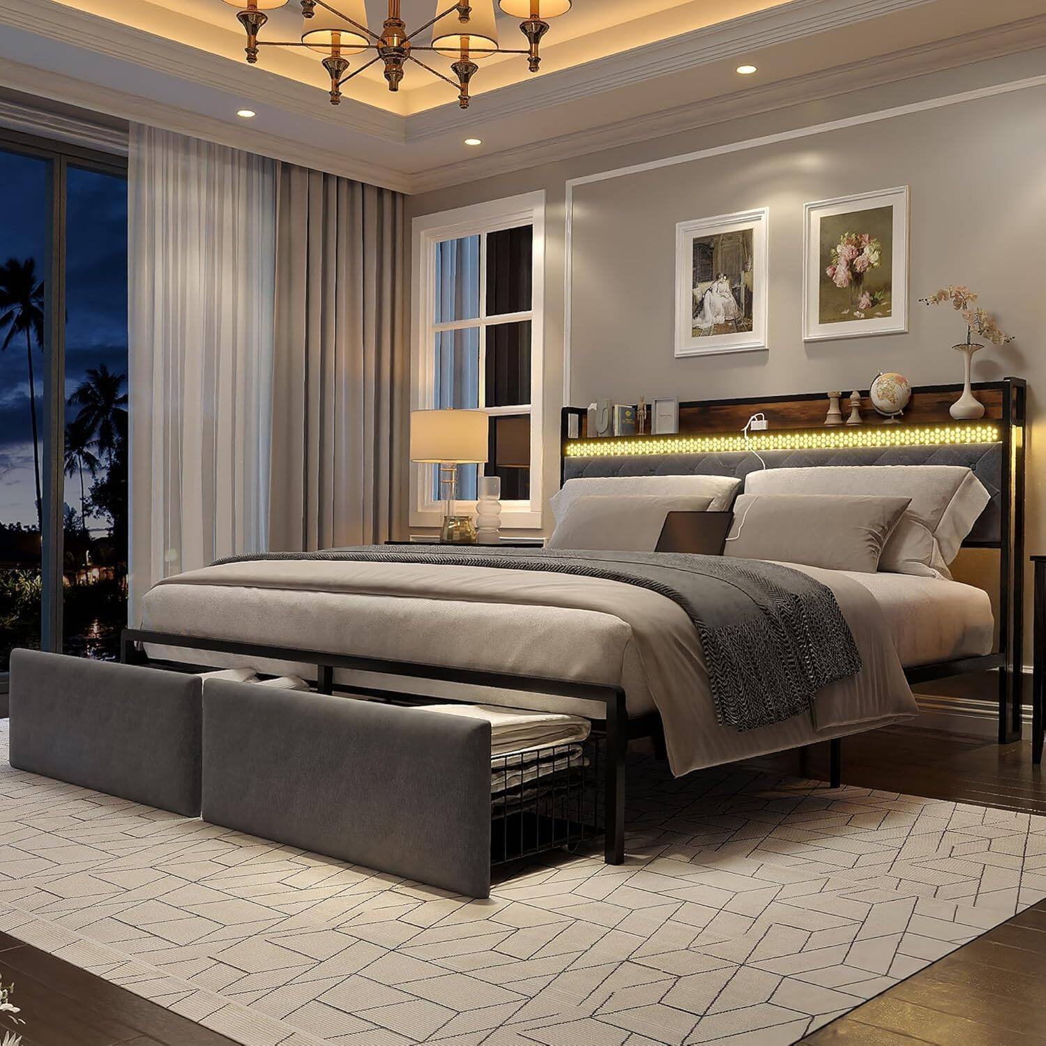 Left. GARVEE - Metal Platform Bed with Storage Headboard, 2 Drawers, LED Light & Charging Station, No Box Spring Needed - Grey.